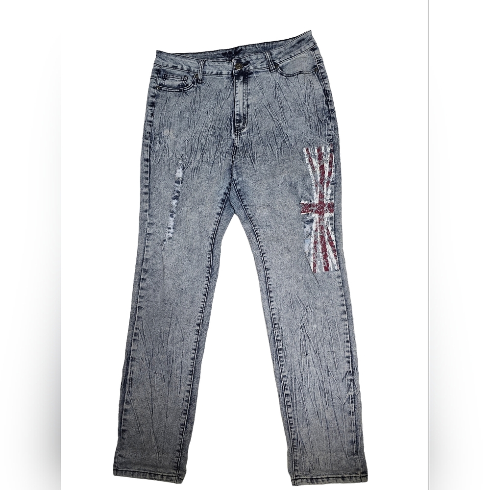 VIP Jeans Distressed UK Flag Acid Wash Jeans Sz 15/16